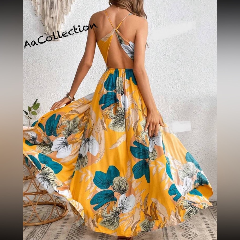 Boho Floral Tropical Print Backless Open Back Slit Maxi Dress - Picture 2 of 3